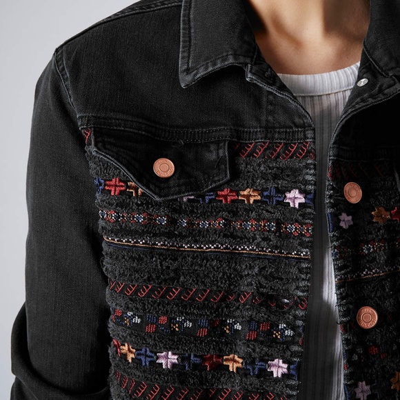 Topshop Moto Black Embroidered Denim Jacket - Picture 2 of 10